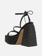 Black Rhinestone Sandals Lace-Up Platform Chunky Heeled Gladiator